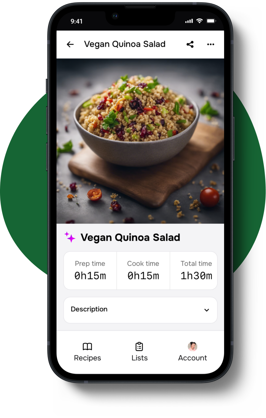 The Flavorish app showing a Vegan Quinoa Salad recipe.