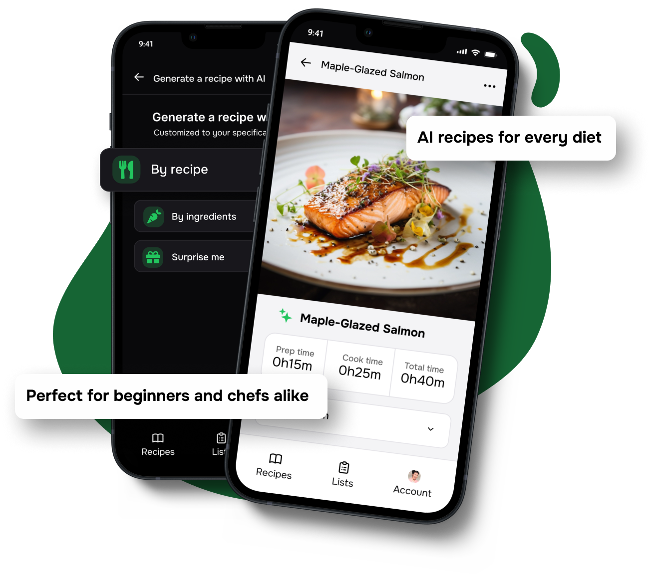 Two images of the Flavorish app on a phone. One showing a Maple-Glazed Salmon recipe. The other showing the AI recipe generation form in the dark mode version of the app.