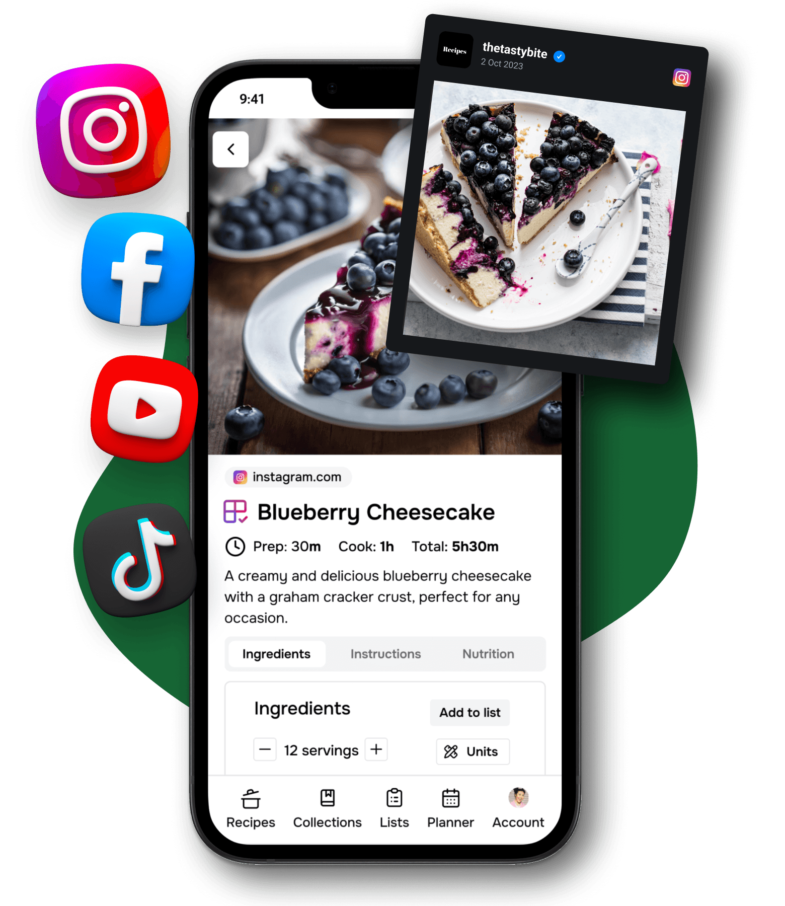 The Flavorish app showing a recipe imported from Instagram. Instagram, Facebook, TikTok and YouTube logos indicating this feature works with those platforms as well. Eat right, feel great. Stay on top of food trends.
