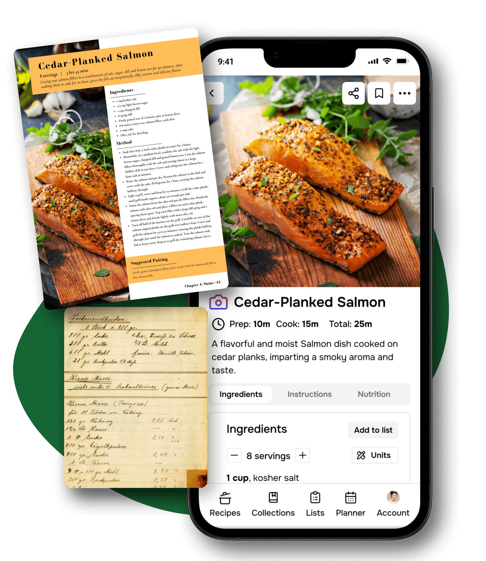 The Flavorish app showing a recipe created from an image upload. Collection of go-to meals.