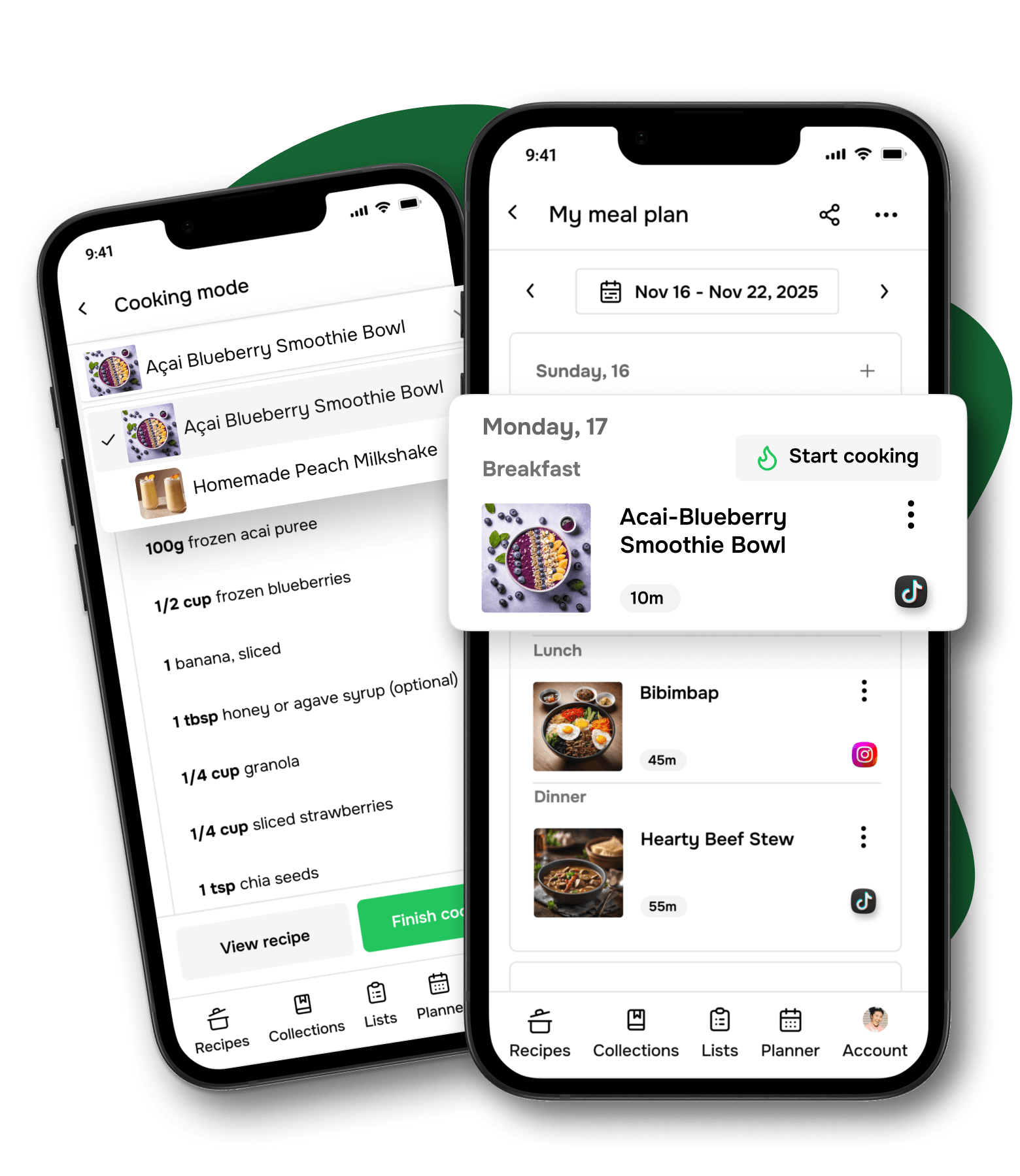 The Flavorish app on two devices, in light and dark mode, displaying different recipes. AI recipes for every diet. Scale recipes easily.