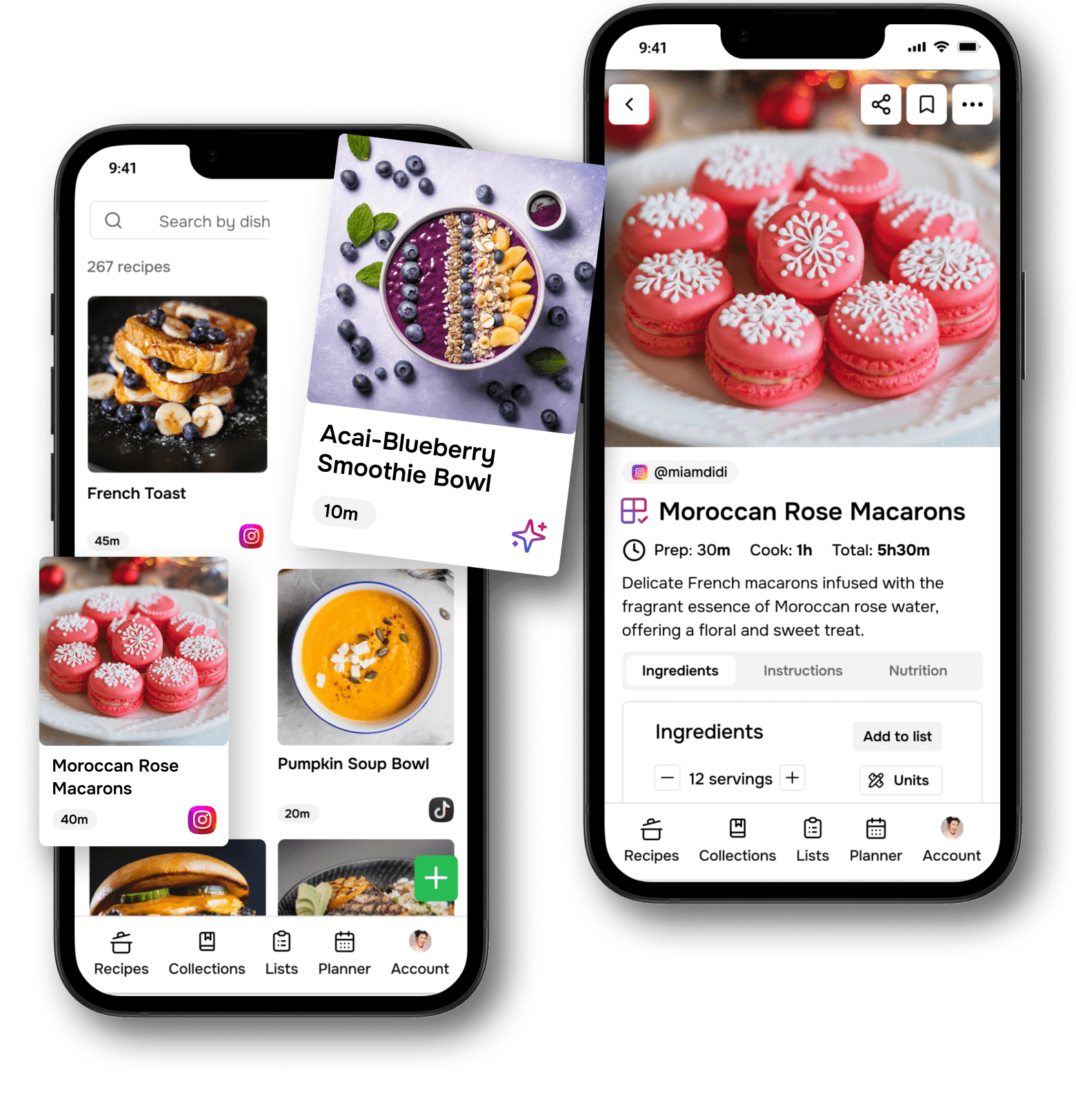 The Flavorish app on two different screen displaying a list of recipes on the first screen and a single recipe on the other screen. Also shows the Instagram, TikTok and YouTube logos.