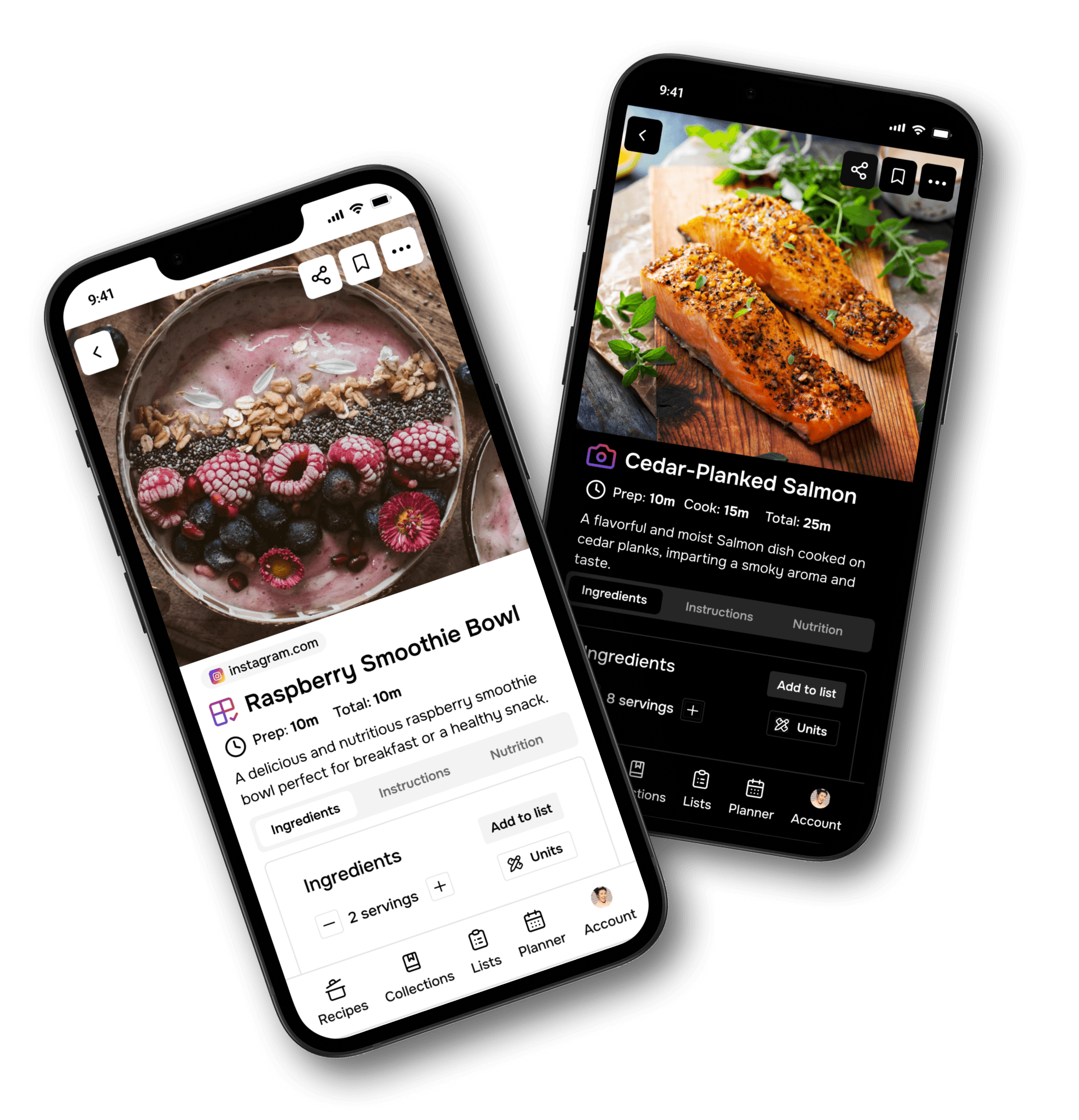 Two phones, each showing a recipe on the Flavorish app.