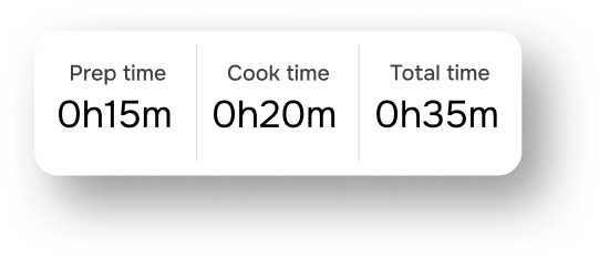 Time card showing recipe prep, cook and total time