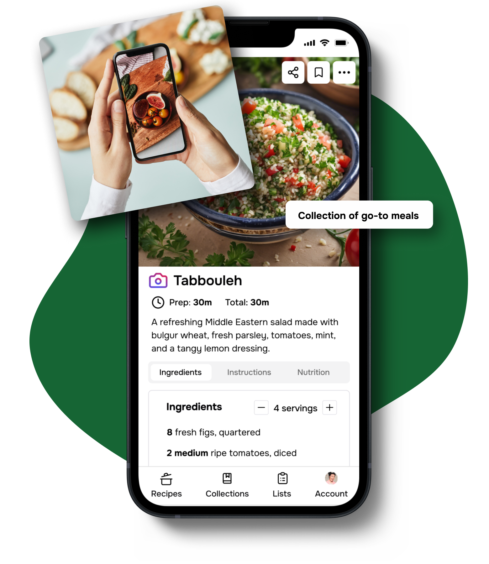 The Flavorish app showing a recipe created from an image upload. Collection of go-to meals.