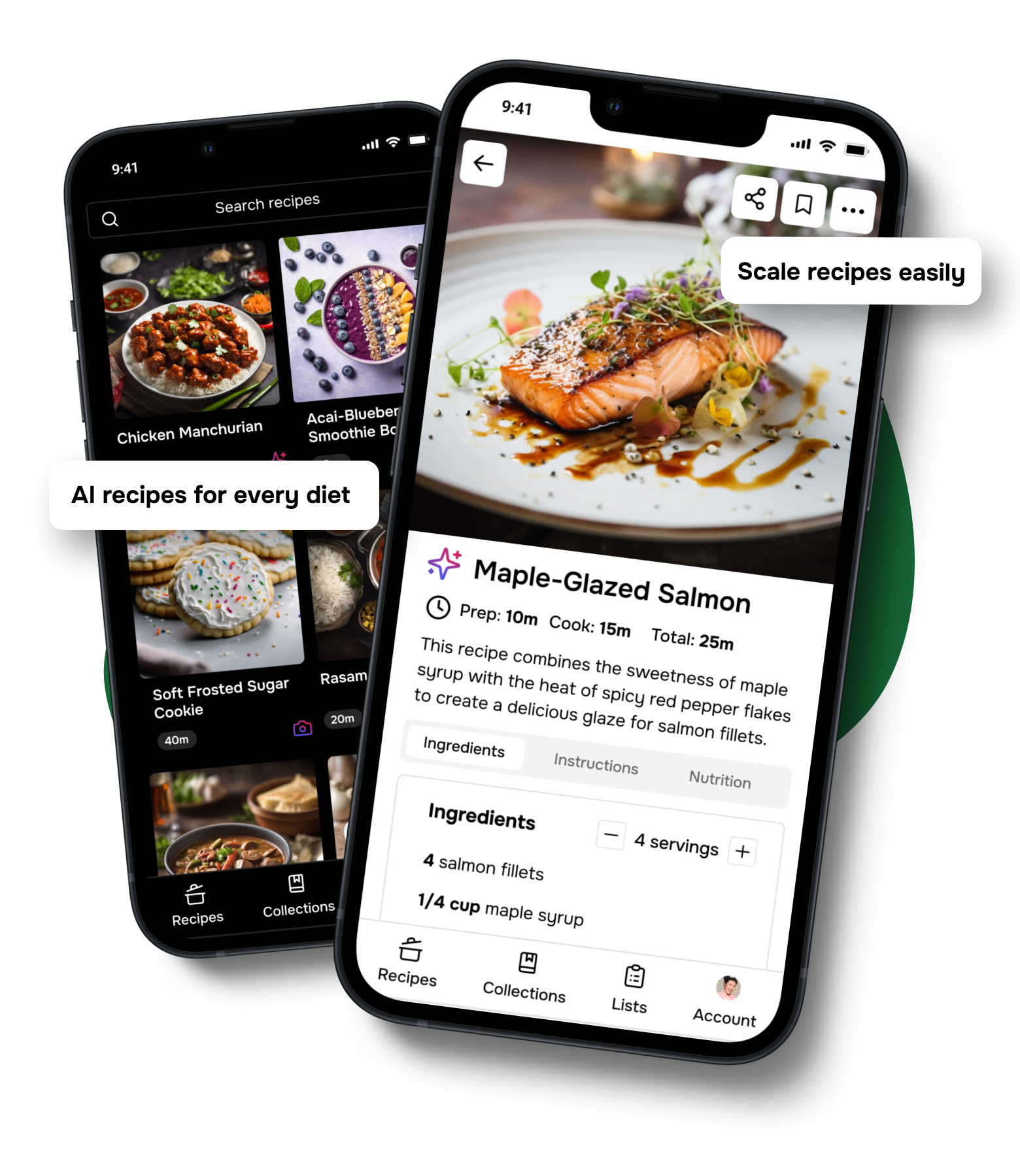 The Flavorish app on two devices, in light and dark mode, displaying different recipes. AI recipes for every diet. Scale recipes easily.