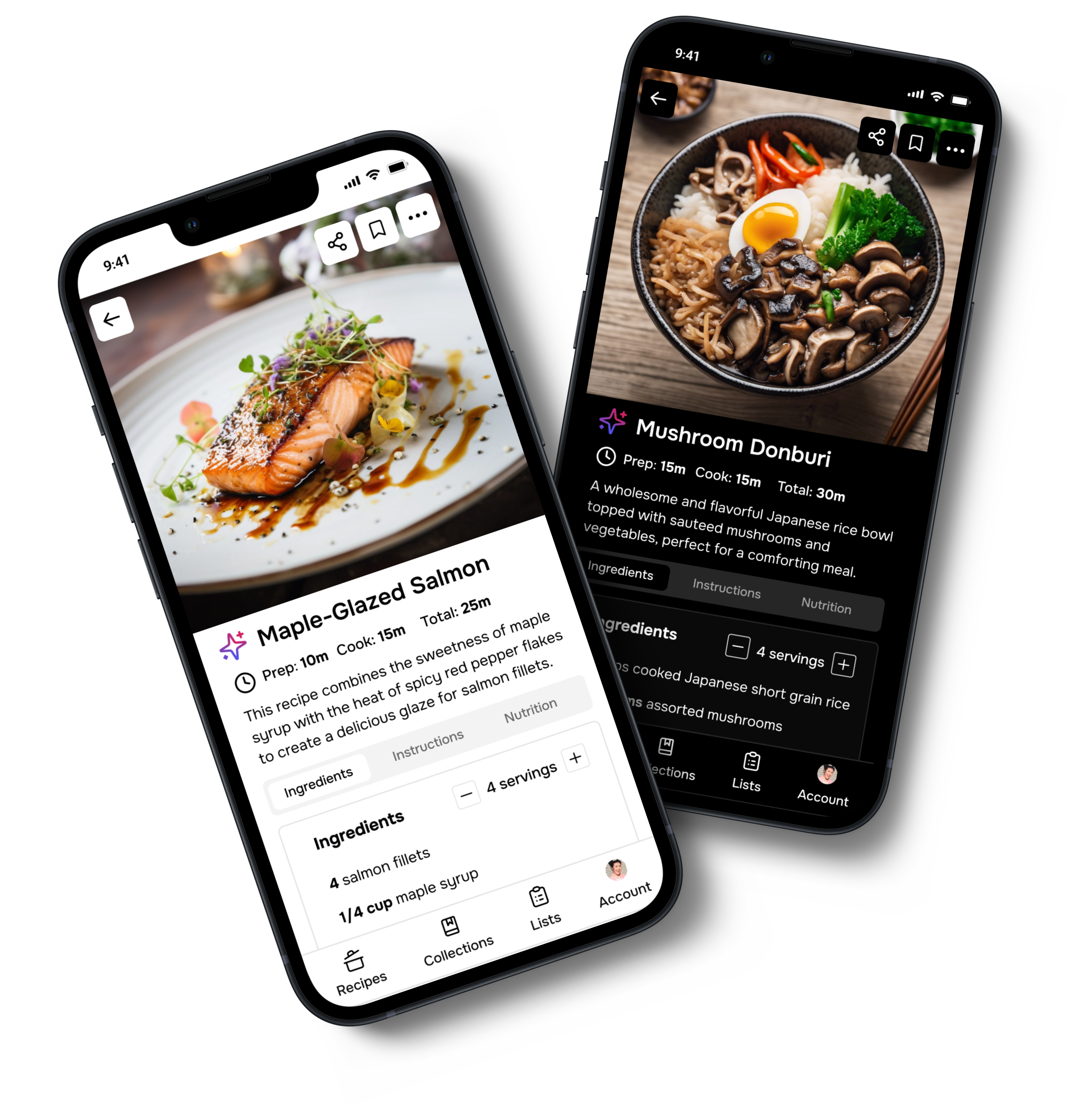 Two phones, each showing a recipe on the Flavorish app.